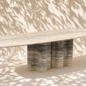 Grey Silver Beige Travertine Stone Dining Table + Wave Pedestal Base + Oval Top