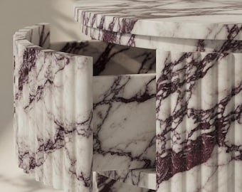Turkish Calcutta Viola Marble Nightstands | Honed Fluted Round Side Tables (Set of 2)