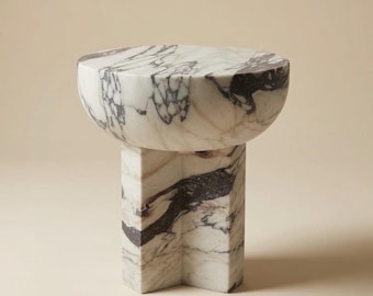 Handcrafted Italian Calacatta Viola Honed Marble Side Table | Modern Cylindrical | 15.75” Dia x 17.7” H