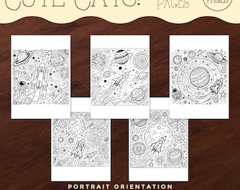 May include: Five black and white printable coloring pages featuring a rocket ship flying through space with planets and stars. The text "CUTE CATS! COLORING PAGES 5 PAGES" is at the top of the image.