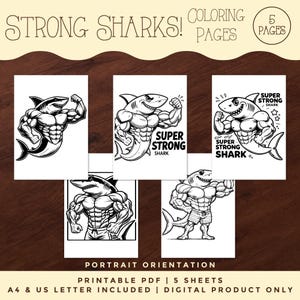 Strong Shark Coloring Pages, Kids Shark Coloring Sheets, Printable Coloring Book Pages, Digital Files, Kids Coloring Activity, for Teachers