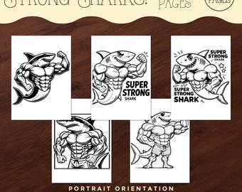 Strong Shark Coloring Pages, Kids Shark Coloring Sheets, Printable Coloring Book Pages, Digital Files, Kids Coloring Activity, for Teachers