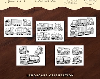 May include: Five black and white coloring pages featuring different types of heavy trucks. The text "HEAVY TRUCKS! COLORING PAGES 5 PAGES" is at the top of the image. The text "LANDSCAPE ORIENTATION" is at the bottom of the image. The text "PRINTABLE PDF | 5 SHEETS A4 & US LETTER INCLUDED | DIGITAL PRODUCT ONLY" is at the bottom of the image.
