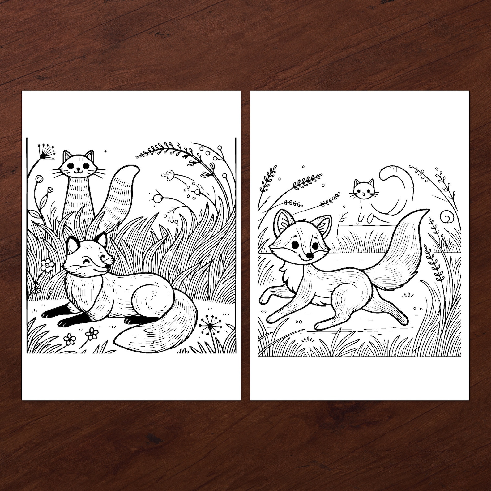 Cute Fox Coloring Pages, Kids Fox and Cat Coloring Sheets, Printable ...