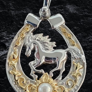 Handmade Sterling Silver Horse Pendant: White Pearl Equestrian Jewelry