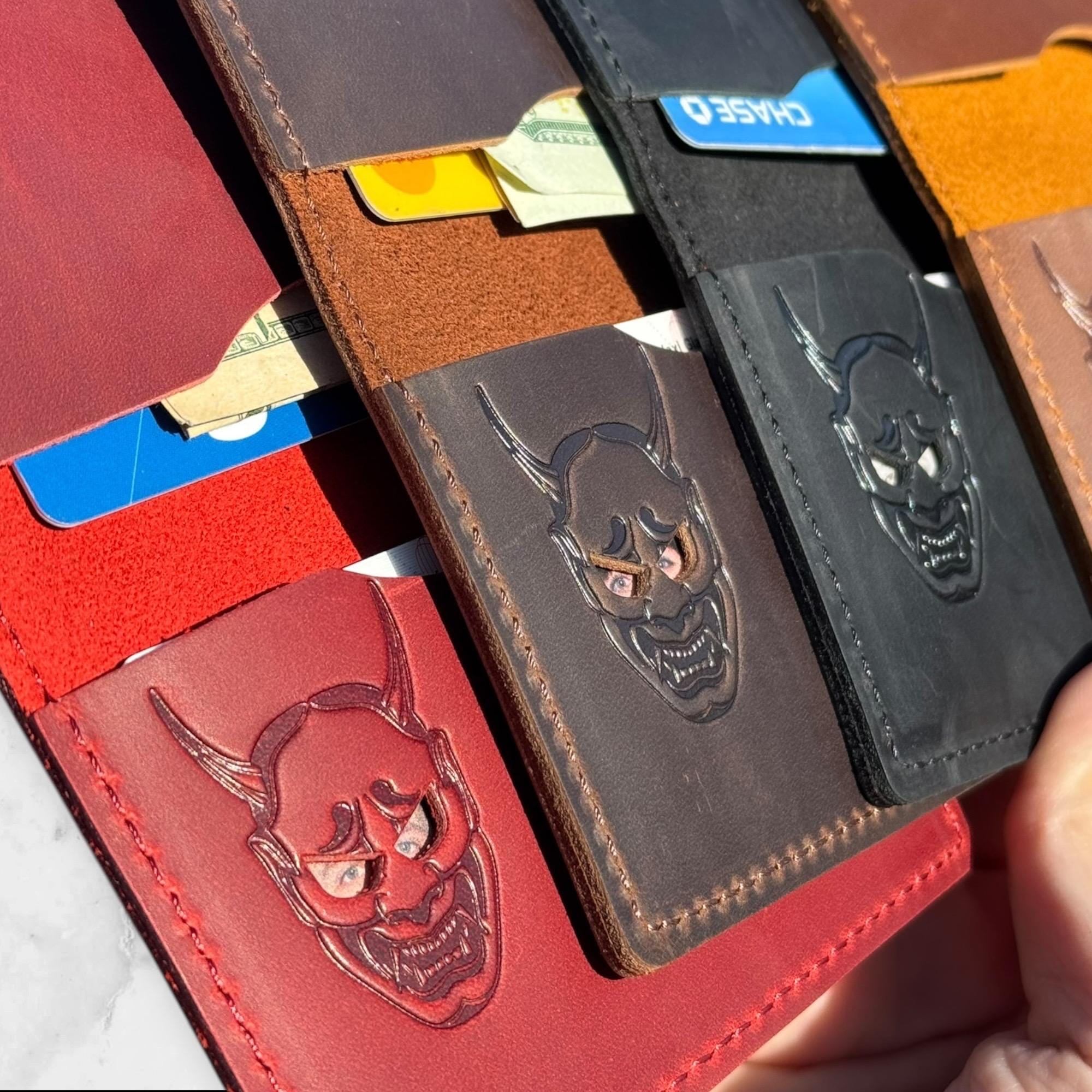hazama Rock 'n' roll leather wallet 赤 Hannya ID Wallet - Genuine Leather Wallet With Mask - Etsy