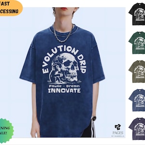 Camiseta lavada grande, lavagem ácida, camisa inspiradora, camiseta unissex, roupa de rua, camisa larga, camisa Evolution, presente para ele