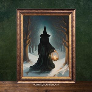 May include: A woman in a black witch's hat and robe walks through a snowy forest at night, carrying a lantern. The forest is dark and mysterious, with tall trees and a blanket of snow on the ground.