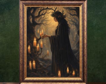 The Yule Crown Witch, Vintage Poster, Art Poster Print, Cottagecore, Gothic, Dark Academia, Witch Art, Halloween Art, Witchy Print
