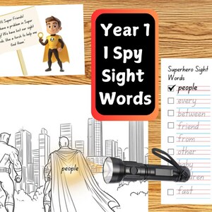 Puede incluir: Una ilustración en blanco y negro de un superhéroe sosteniendo una linterna. El superhéroe está de pie frente a un horizonte de ciudad. El texto "Year 1 I Spy Sight Words" está escrito en un cuadro rojo. Se muestra una lista de verificación con las palabras "people", "every", "between", "friend", "from", "other", "baby", "aren", "fast".