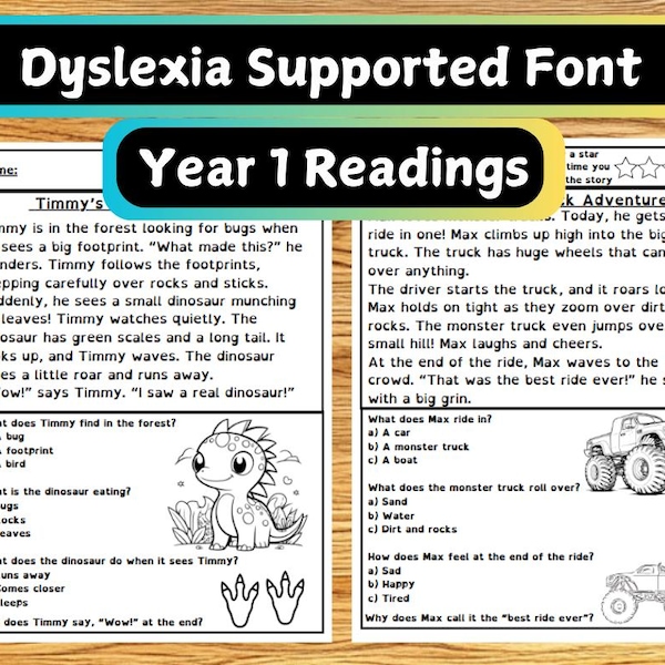 Letture di caratteri supportati dalla dislessia, fluidità e comprensione / Scheda di lavoro per neonati / Tutoraggio / Scuola domestica o in classe