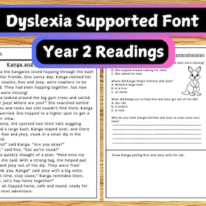 May include: A Year 2 reading comprehension worksheet with a story about Kanga the kangaroo and her cousins, written in a dyslexia-friendly font. Includes questions and a drawing task.
