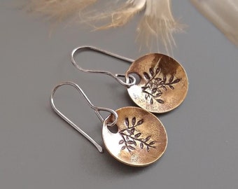 Textured Brass Botanical Earrings, Weathered, Sterling Silver Ear Wires, Modern Rustic, Simplistic, Minimalist, Leaf, Vine, Nature Jewelry