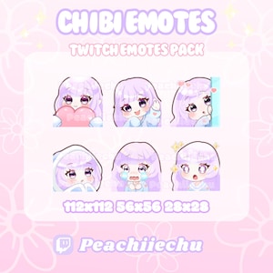 Süßes Chibi Mädchen Twitch Emotes Pack | Lila Haare | Lila Augen | Pastell | Gamer Girl | Kawaii | Twitch Discord Youtube (6 Charakter Emotes)
