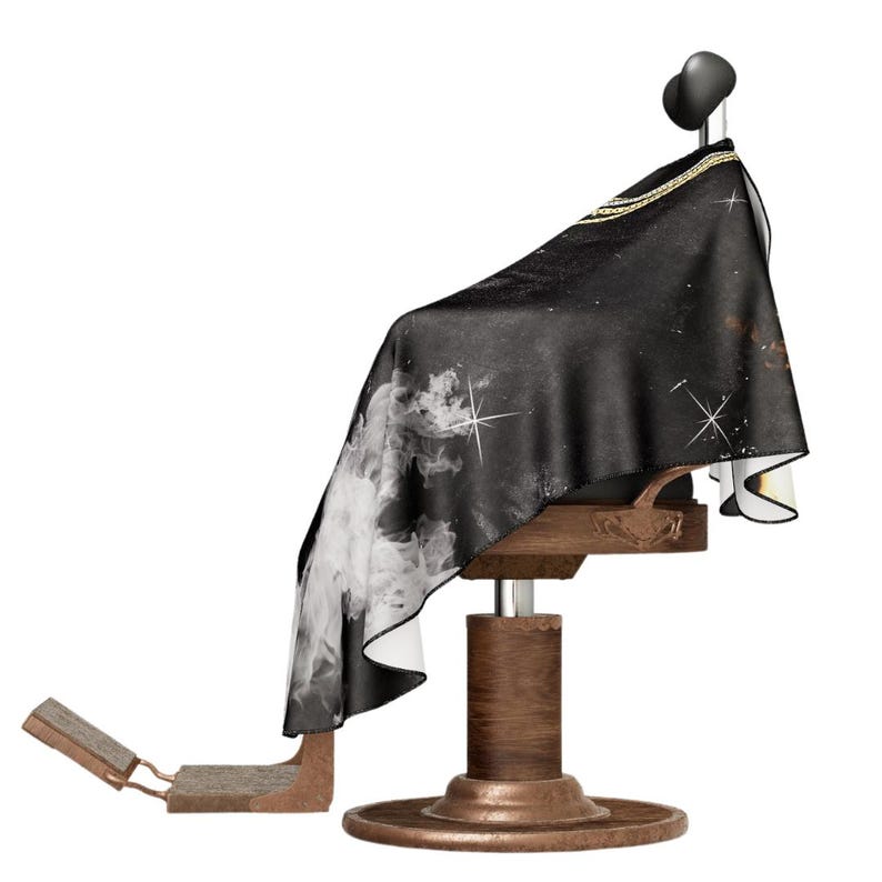 May include: Black barber's chair with a black and white patterned cape. The cape has a gold chain design around the neck.