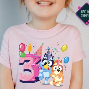 Personalized Birthday Girl Shirt Customizable Blue Cartoon Dog Birthday Girl Shirt 3rd Birthday Celebrate Shirt Custom Age Birthday Outfit