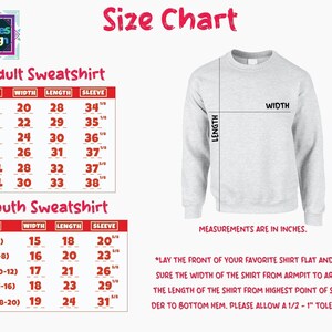 The image is a size chart for an adult sweatshirt and a youth sweatshirt, providing measurements and corresponding sizes for each.
