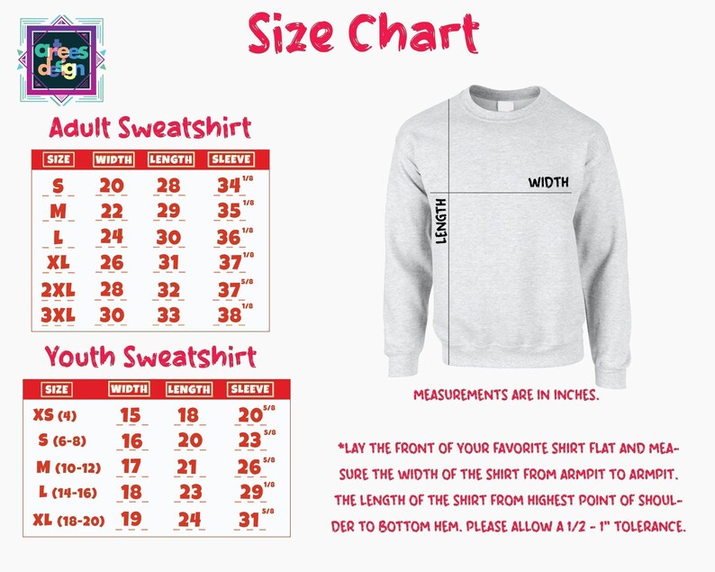 The image is a size chart for an adult sweatshirt and a youth sweatshirt, providing measurements and corresponding sizes for each.