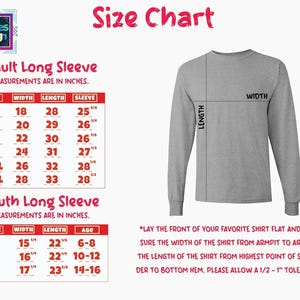 The image is a size chart for a long sleeve shirt, providing measurements and guidelines for different age groups.