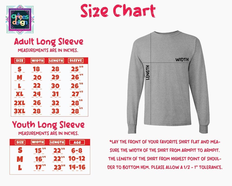 The image is a size chart for a long sleeve shirt, providing measurements and guidelines for different age groups.