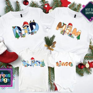 Personalized Blue Dog Family Christmas Shirts Custom Blue Xmas Party Shirt Kids Christmas Shirt Toddler Christmas Tee Family Matching Party