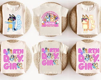 Custom Blue Characters Birthday Girl Family Matching Shirts Personalized Blue Mom Dad Brother Sister Aunt Tee Birthday Girl Party Shirt