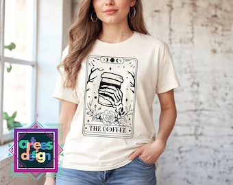 The Coffee Tarot Card Shirt, Coffee-drinking Skeleton Tarot t-shirt", Celestial Tarot Shirt, Witchy Vibes Tee, Halloween gift Shirt