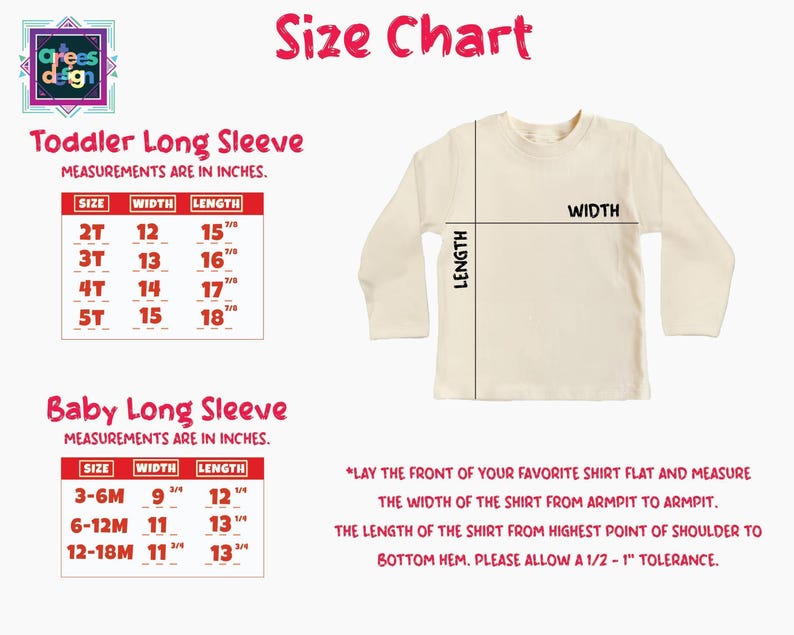 The image is a size chart for a toddler long sleeve and a baby long sleeve, providing measurements and guidelines for the respective garments.