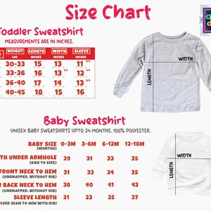 The image is a size chart for toddler and baby sweatshirts, providing measurements and corresponding sizes for different age groups.