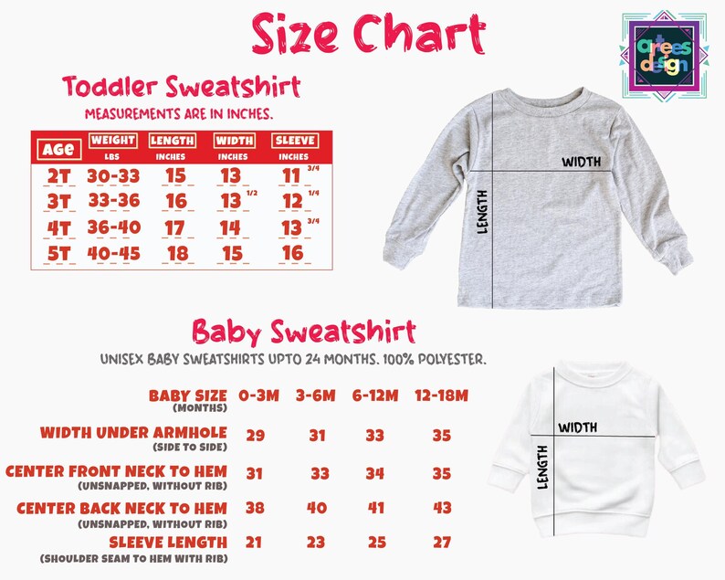 The image is a size chart for toddler and baby sweatshirts, providing measurements and corresponding sizes for different age groups.