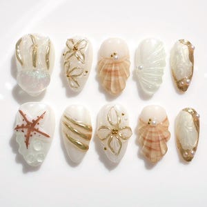 Ocean Myth Handmade Press-On Nails | Pearl White&Gold Almond Nail Art | Unique Hand-Painted Nails With Jellyfish,Starfish | Gift
