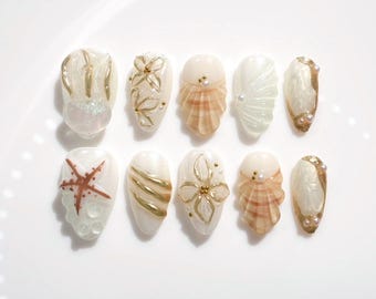 Ocean Myth Handmade Press-On Nails | Pearl White&Gold Almond Nail Art | Unique Hand-Painted Nails With Jellyfish,Starfish | Gift