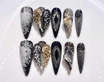 3D Angel Wings Black&Silver Punk Goth Press On Nails | Handmade Mystical Y2K Long Stiletto Shaped Gothic Nails