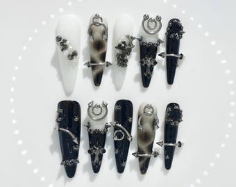 Handmade Chrome Press On Nails | Custom Gothic Piercing Design | Long Stiletto Nail Set | Black White Metallic Art | Luxury Statement Nails