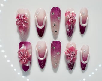 3D Orchid Flower Press on Nails | Custom Handmade Nails | Stunning Long Almond Nails | Chic Chrome Pearl Effect |Secret Garden Pink Nail Set