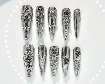 Custom 3D Chrome Gothic Press On Nails | Silver 3D Cross Nail Art | Handmade Punk Fake Nails|Metallic Acrylic Long Stiletto Shaped Nails