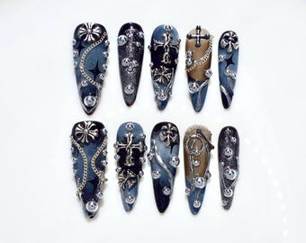 3D Drops Silver on Blue Base Silver Cross Long Stiletto Press On Nails Goth | Chrome Heart Cool Metallic Nails | Handmade Y2K Baroque Nails