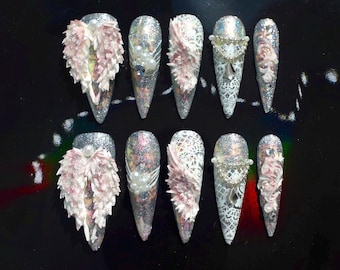 3D Angel Wings Silver&White Punk Goth Press On Nails | Handmade Mystical Y2K Long Stiletto Shaped Gothic Nails