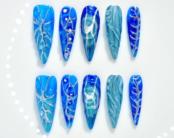 Handgemaakte custom oceaanblauwe pers op nagels | 3D-waterrimpeling zeemeerminkernontwerp | Zeester zeeglas nepnagels | Luxe sirenekernnagels