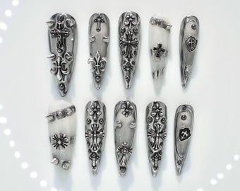 Silver Chrome Gothic Press On Nails | 3D Cross Metal Stud Nails | Handmade Custom Alternative Nail Set | Long Stiletto Chrome Design