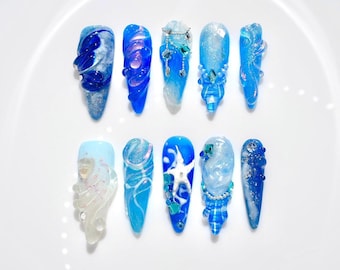 Ocean Blue Press On Nails | Mermaid Pearl Starfish Shell Design | 3D Handmade False Long Almond Nails | Fantasy Sea Inspired Nail Art