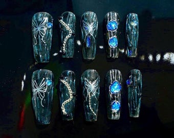 Custom Handmade Press On Nails | Blue Butterfly Chain Design |Gothic Galaxy Metallic Cyberpunk Coffin Nails|Silver Circuit Board Wire Design