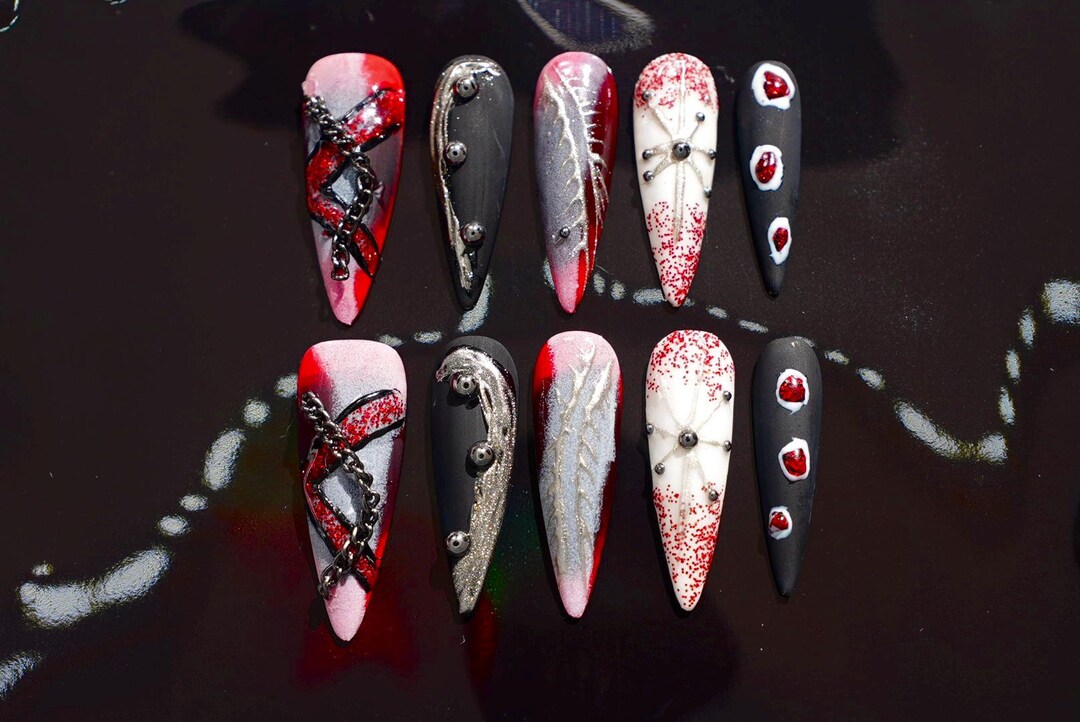 Gothic Punk Vampire Nails Red Black White Chains Web Hearts | Handmade ...