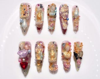 Handgefertigte, individuelle künstliche Fingernägel | 3D-Stiletto-Nagelset im Barockstil | Renaissance-Nageldesign-Set mit Goldfolie, Edelsteinen und Perlen