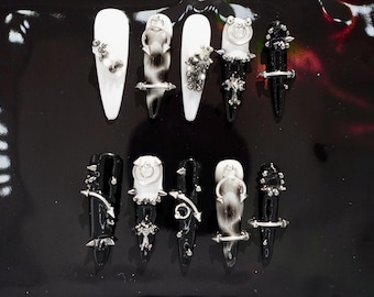 Handmade Custom Punk Press On Nails | Black White Chrome Design | Long Stiletto Nail Set | Gothic Metal Spike Art | Statement Nails