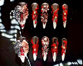 Handmade 3D Dark Angel Wings Red&Black Punk Goth Press On Nails | Mystical Y2K Long Stiletto Shaped Gothic Nails |Custom Vampire Fantasy Art