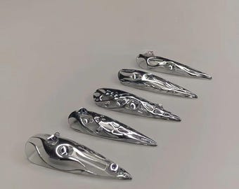 Mystical Silver Press On Nails | 3D Silver Enigmatic Patterns | Artistic Nails with High Quality | Handmade Cool Stiletto Shaped Long Nails