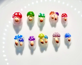 Handmade 3D Mushroom Press on Nails | Colorful Fairycore Cottagecore Nails | Cute Toadstool Aesthetic | Nature Inspired Custom Short Nails