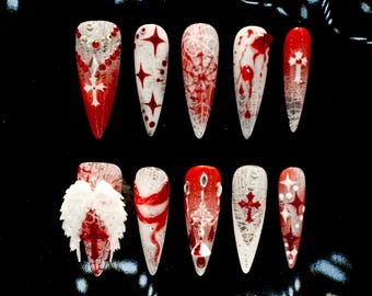 Handmade Custom Bloody Gothic Press on Nails | 3D Angel Wings White Lace Design |Red Cross Vampire Nails|Horror Alt Aesthetic Stiletto Nails