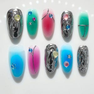 Y2k Vibrant Colorful Almond Press On Nails | Handmade Gel Custom Press on Nails| Freehand Sketching Nails | Metallic Ombre Neon Nails| Gift